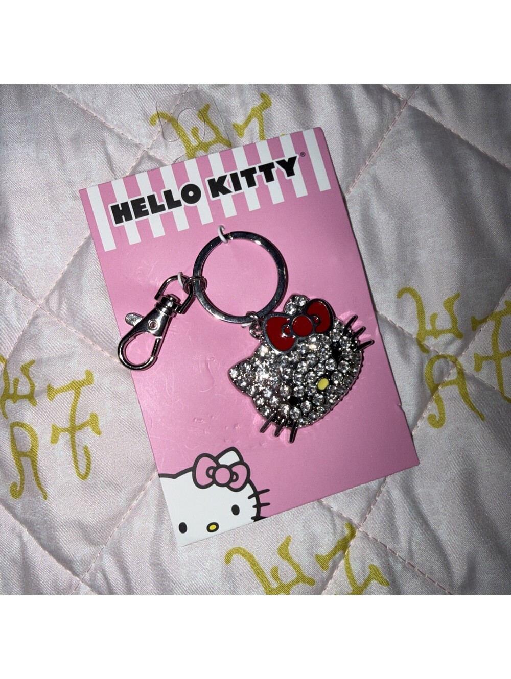 NEW🎀Hello Kitty Flat Mascot Head Bling Rhinestone Bag Charm💎Key Ring😻 Kawaii